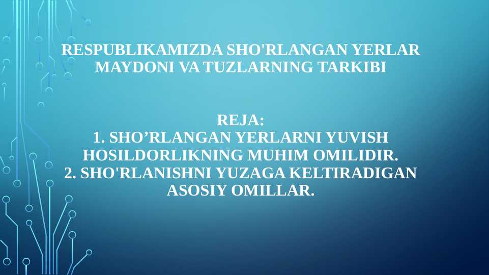 Respublikamizda sho'rlangan yerlar maydoni va tuzlarning tarkibi
