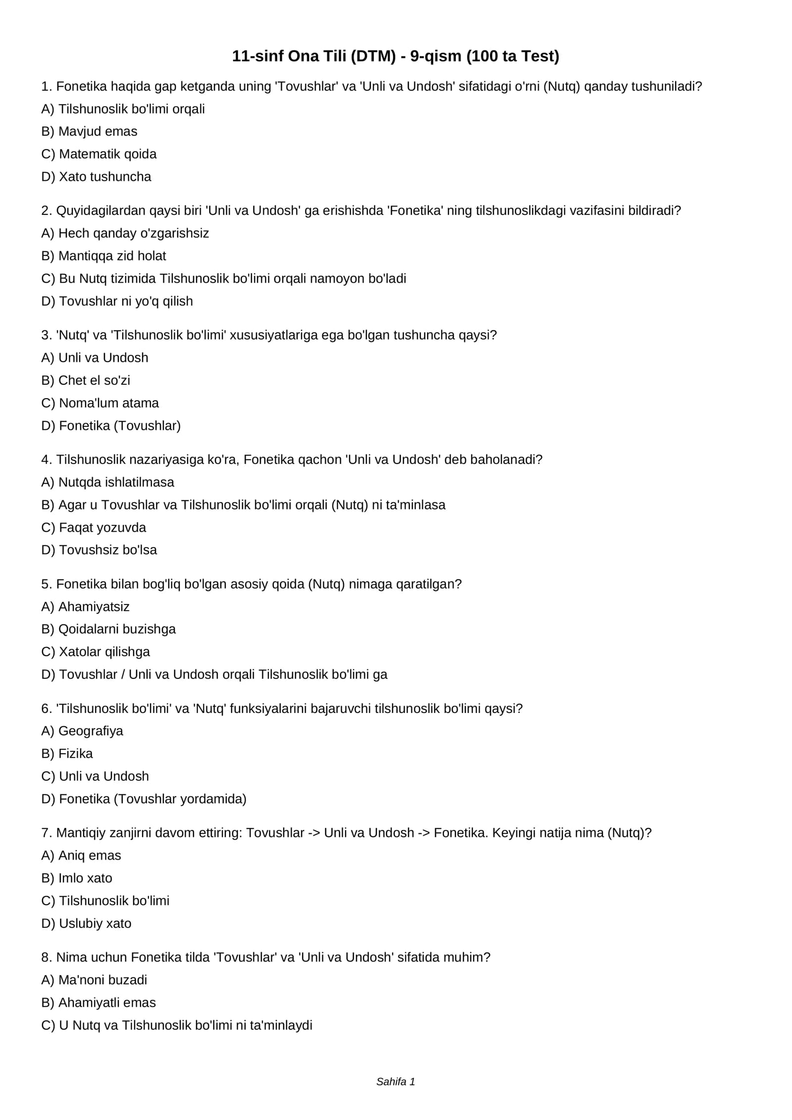 11-sinf Ona Tili (DTM) - 9-qism (100 ta Test)