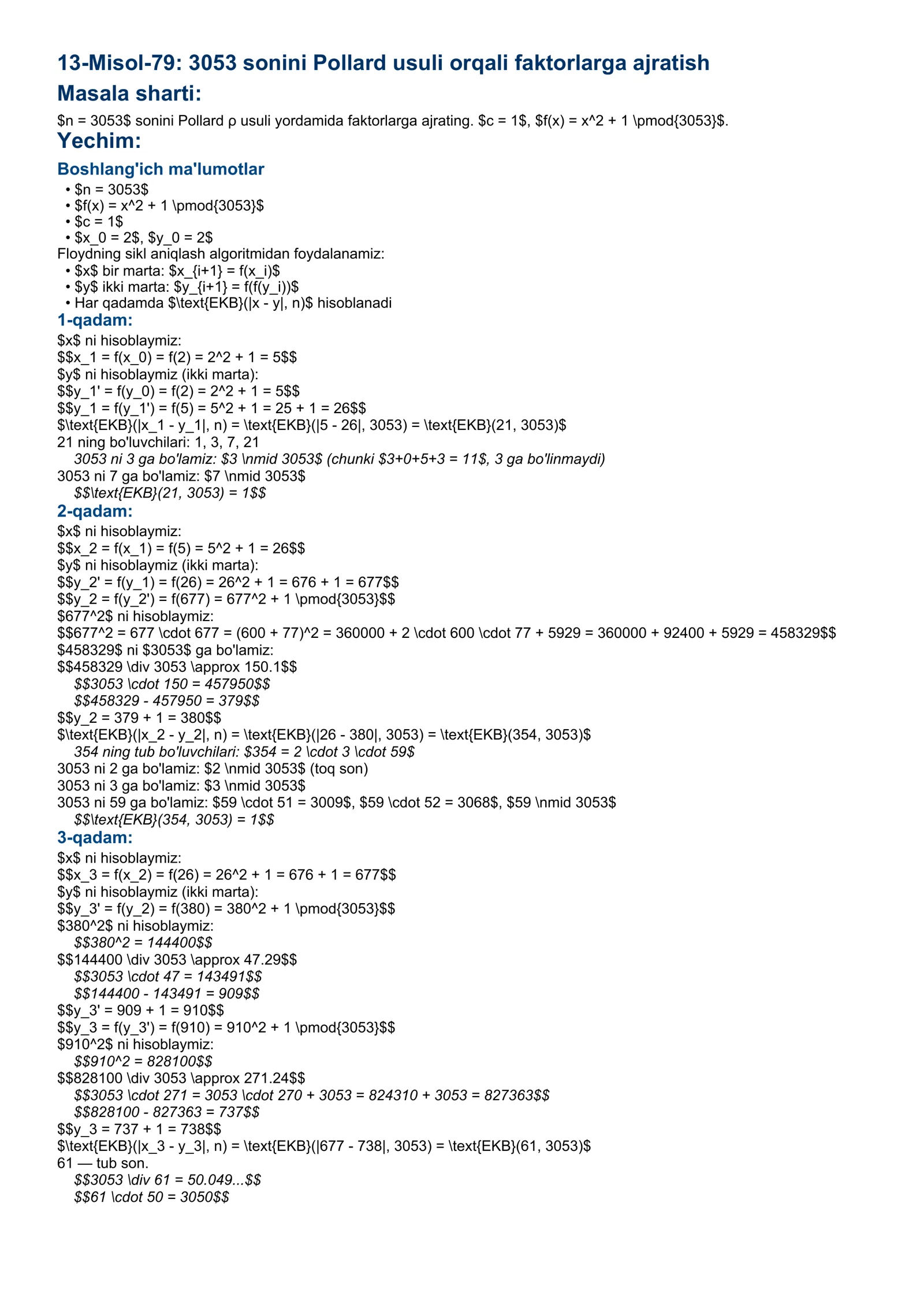 13-Misol-79: 3053 sonini Pollard usuli orqali faktorlarga ajratish