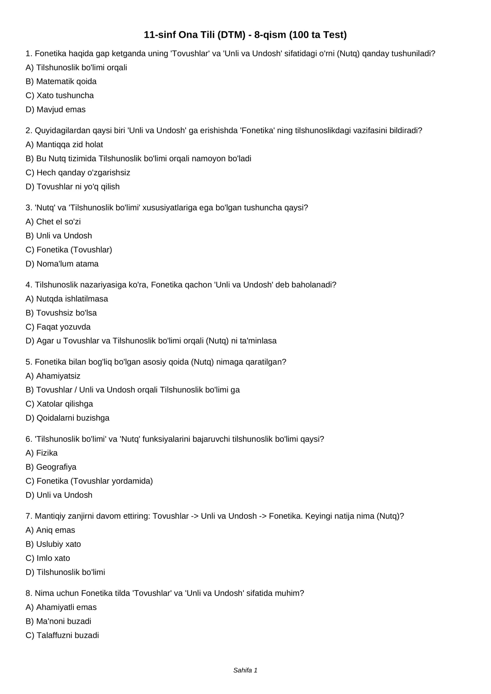 11-sinf Ona Tili (DTM) - 8-qism (100 ta Test)