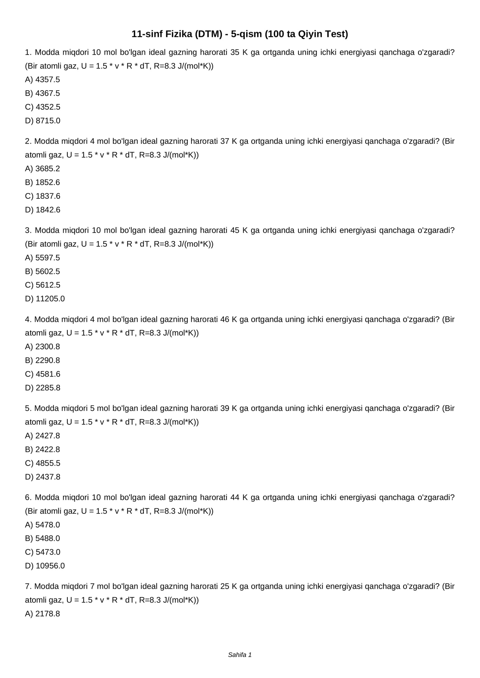 11-sinf Fizika (DTM) - 5-qism (100 ta Qiyin Test)