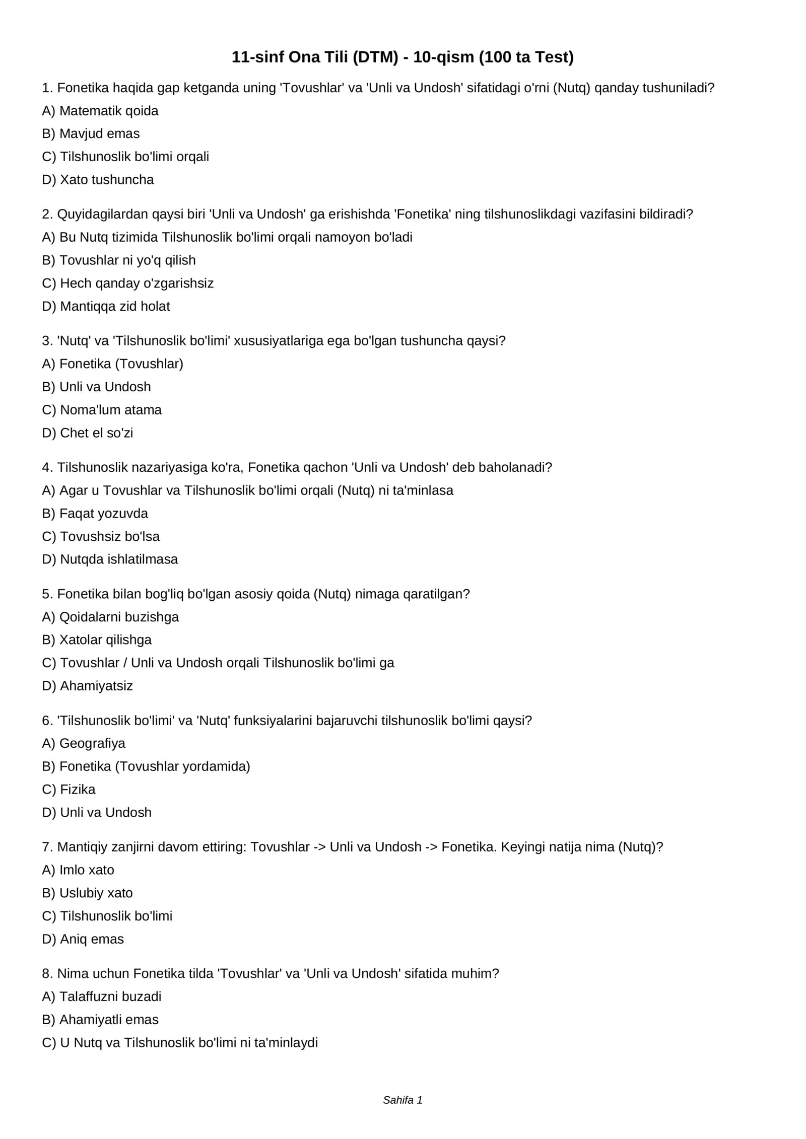11-sinf Ona Tili (DTM) - 10-qism (100 ta Test)