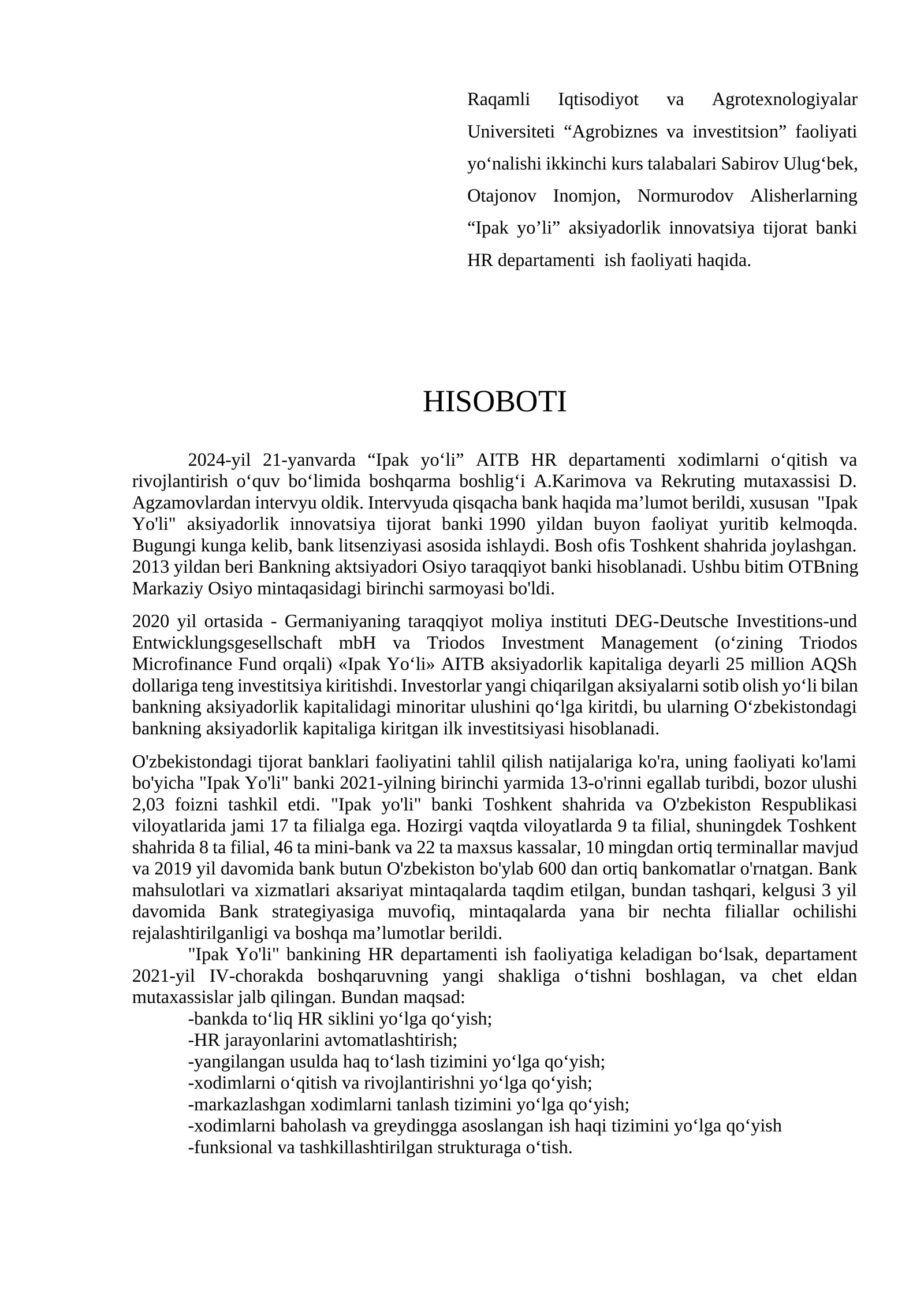 “Ipak yo’li” aksiyadorlik innovatsiya tijorat banki  HR departamenti  ish faoliyati