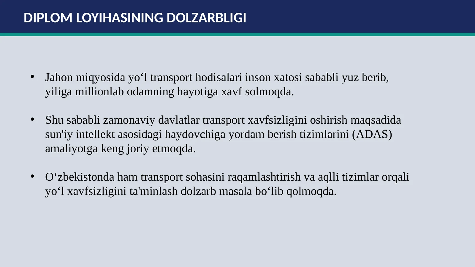 Sun’iy intellekt asosida yo‘l harakati obyektlarini aniqlash va haydovchi uchun aqlli tavsiya tizimini ishlab chiqish diplom loyiha slaydi