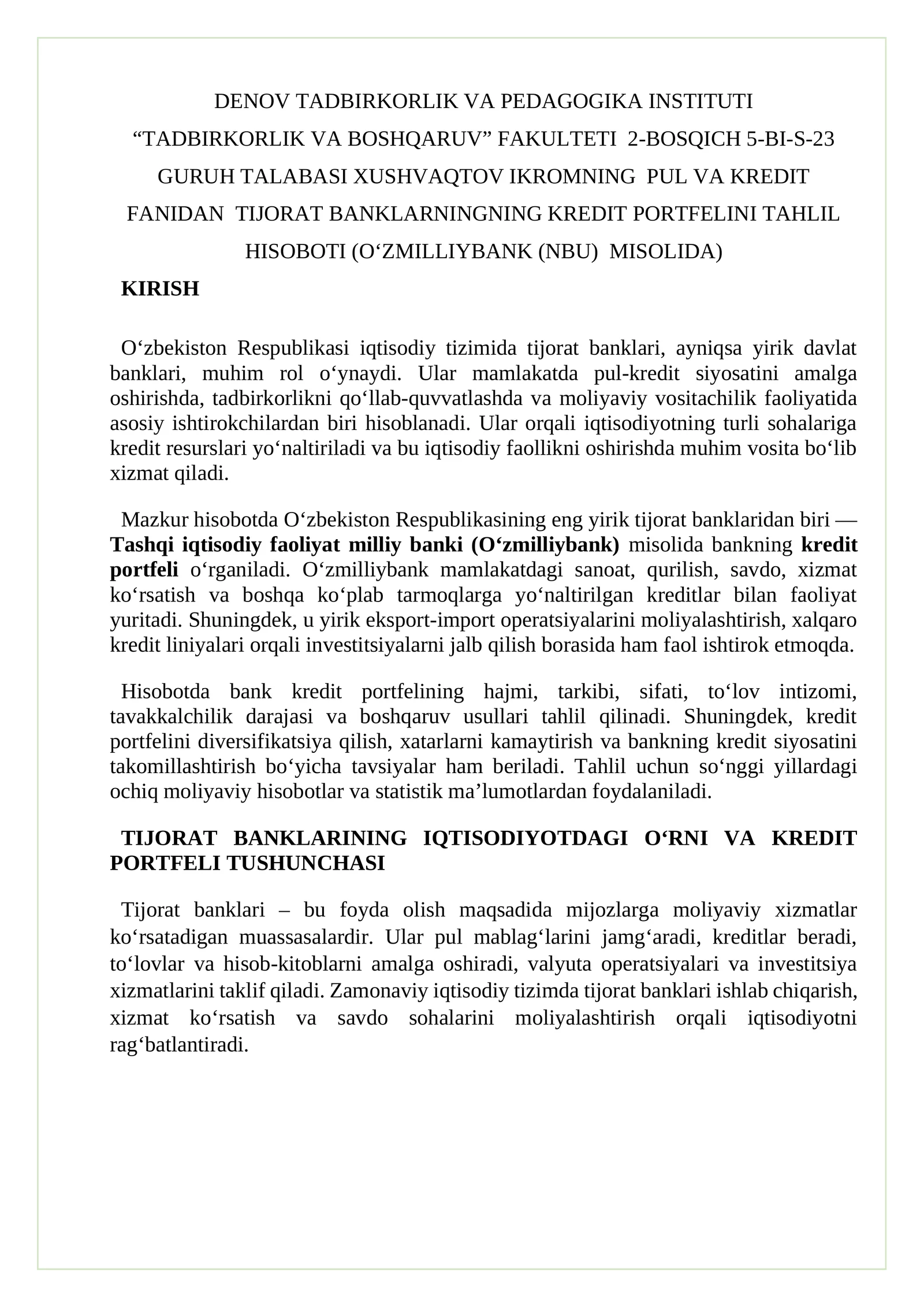 TIJORAT BANKLARNINGNING KREDIT PORTFELINI TAHLIL HISOBOTI (O‘ZMILLIYBANK (NBU)  MISOLIDA)