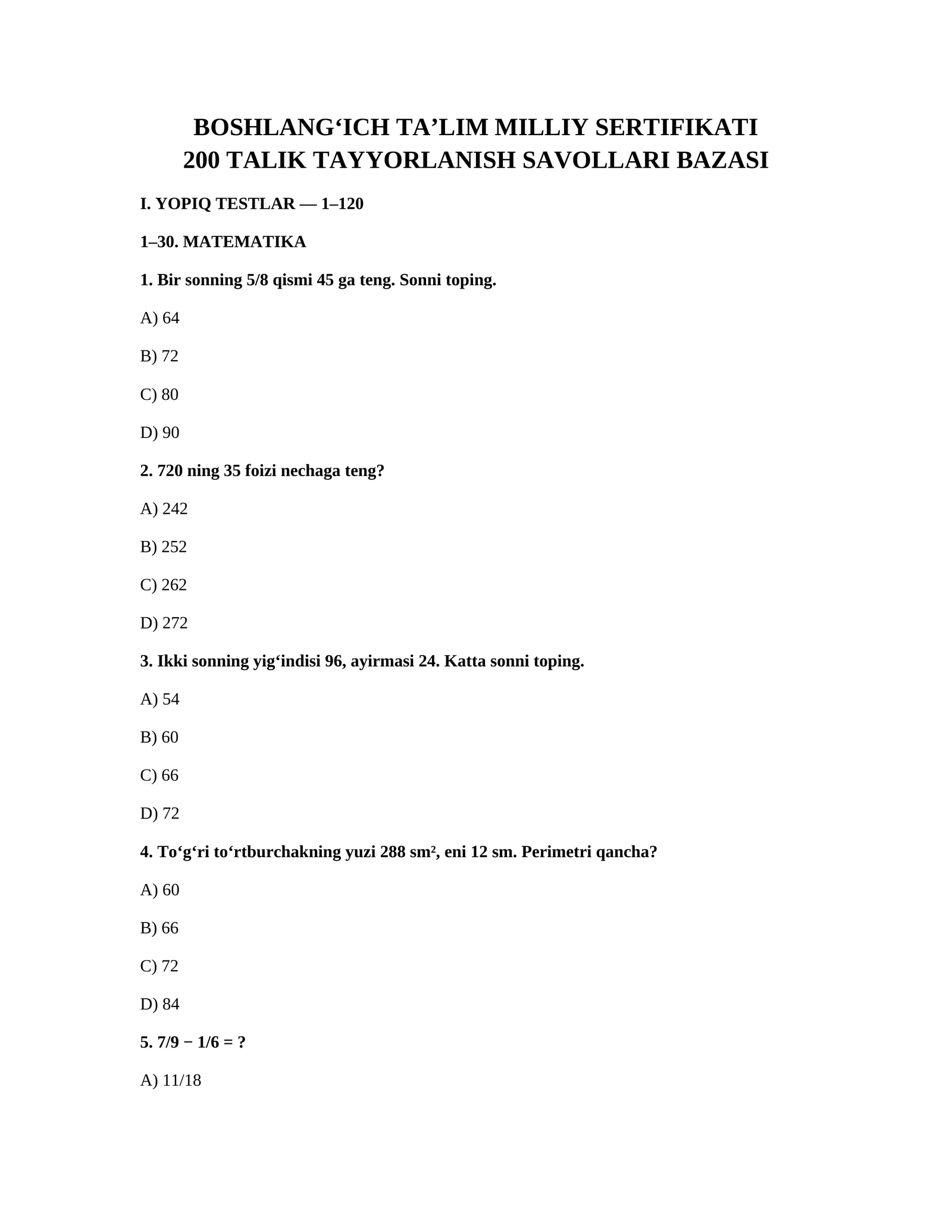 BOSHLANGICH TALIM MILLIY SERTIFIKAT (200 Talik Tayyorlanish Savollari Bazasi)