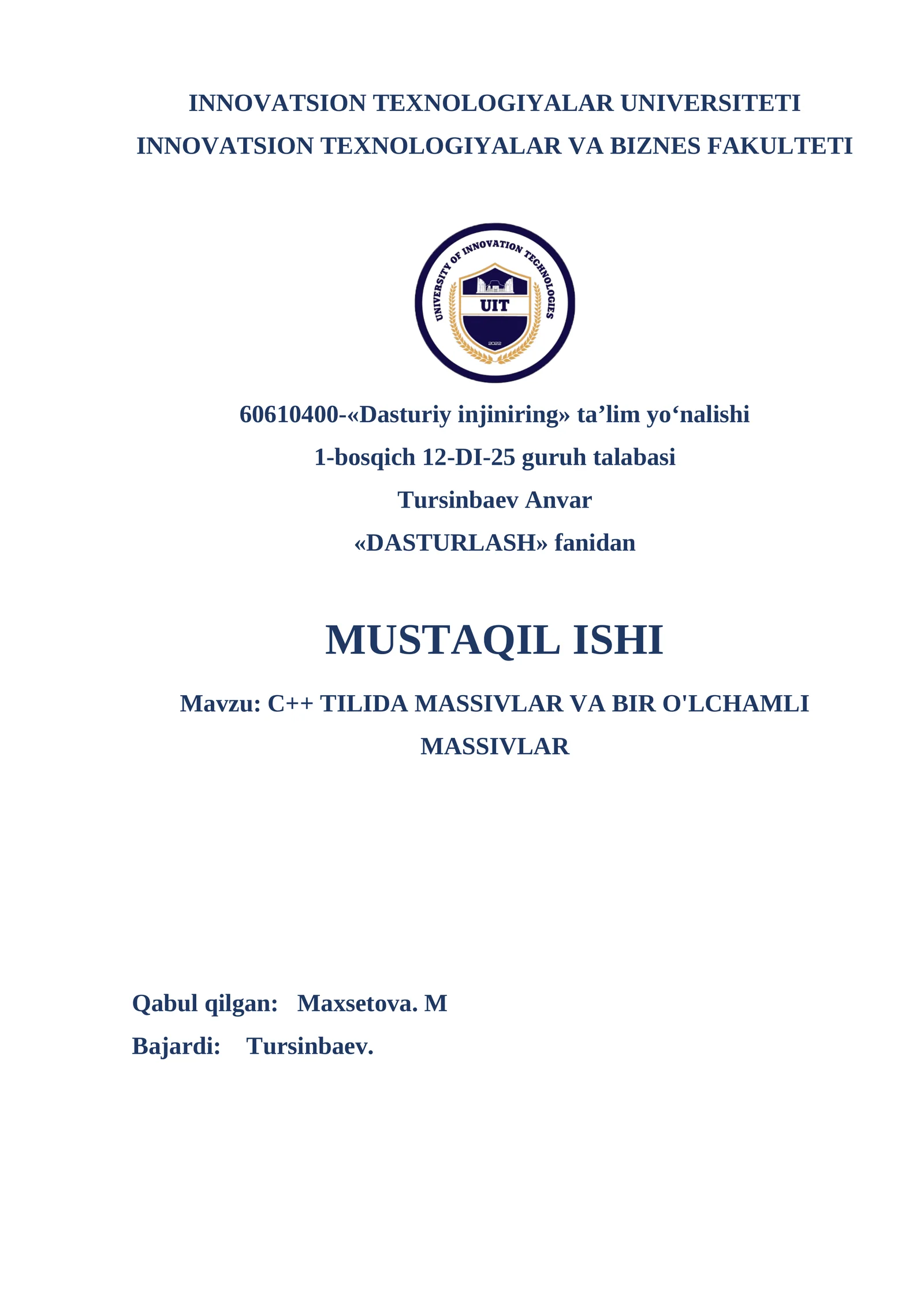 Dosturlash fanidan mustaqil ish