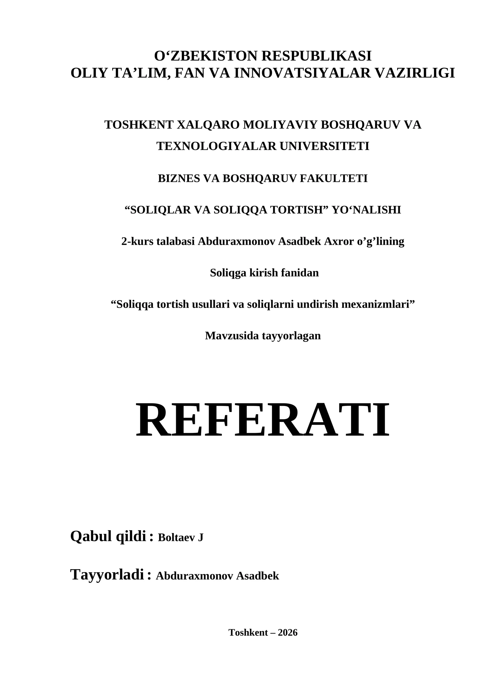 Soliqga kirish fanidan REFERATI