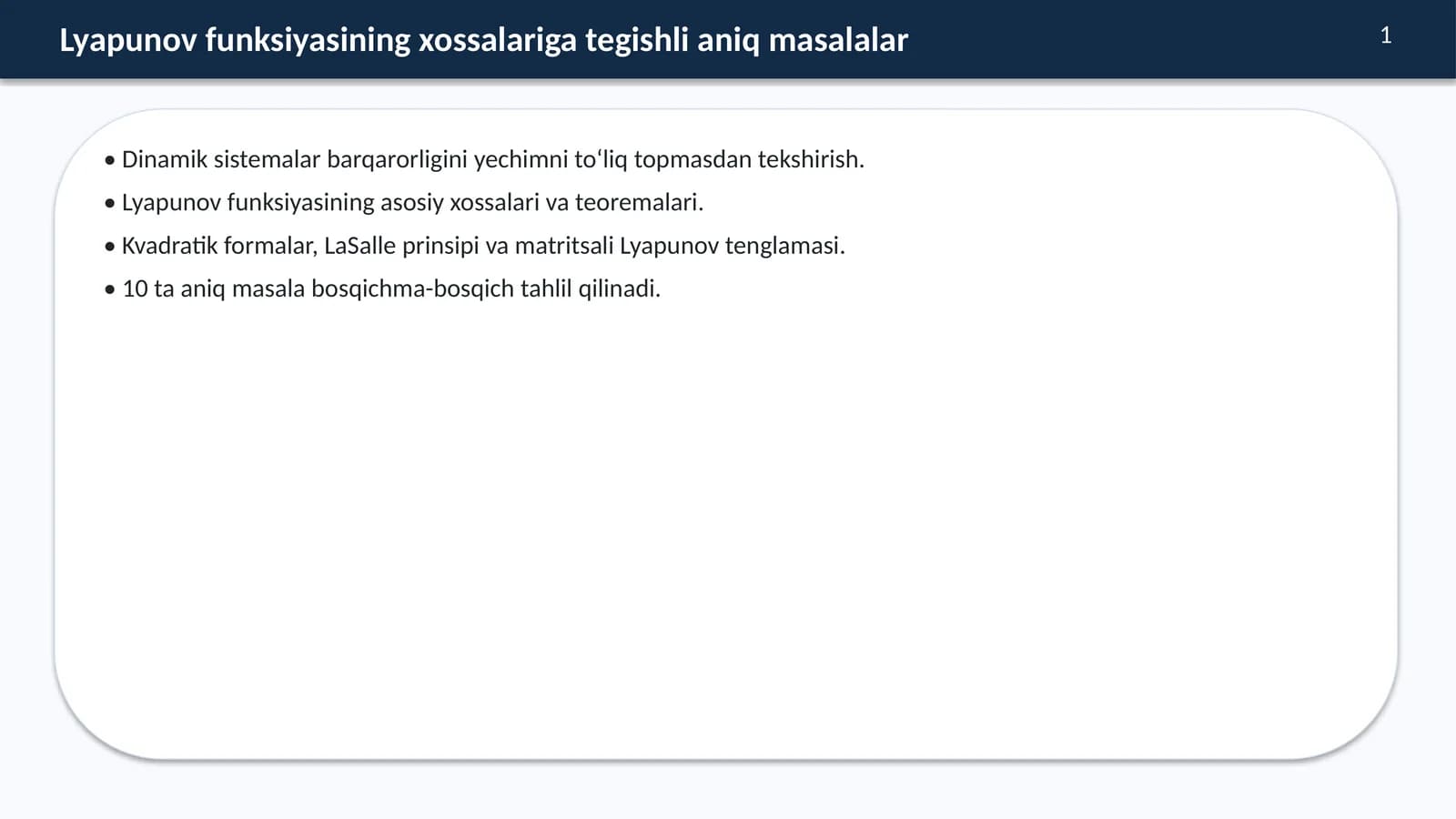 Lyapunov funksiyasining xossalariga tegishli aniq masalalar