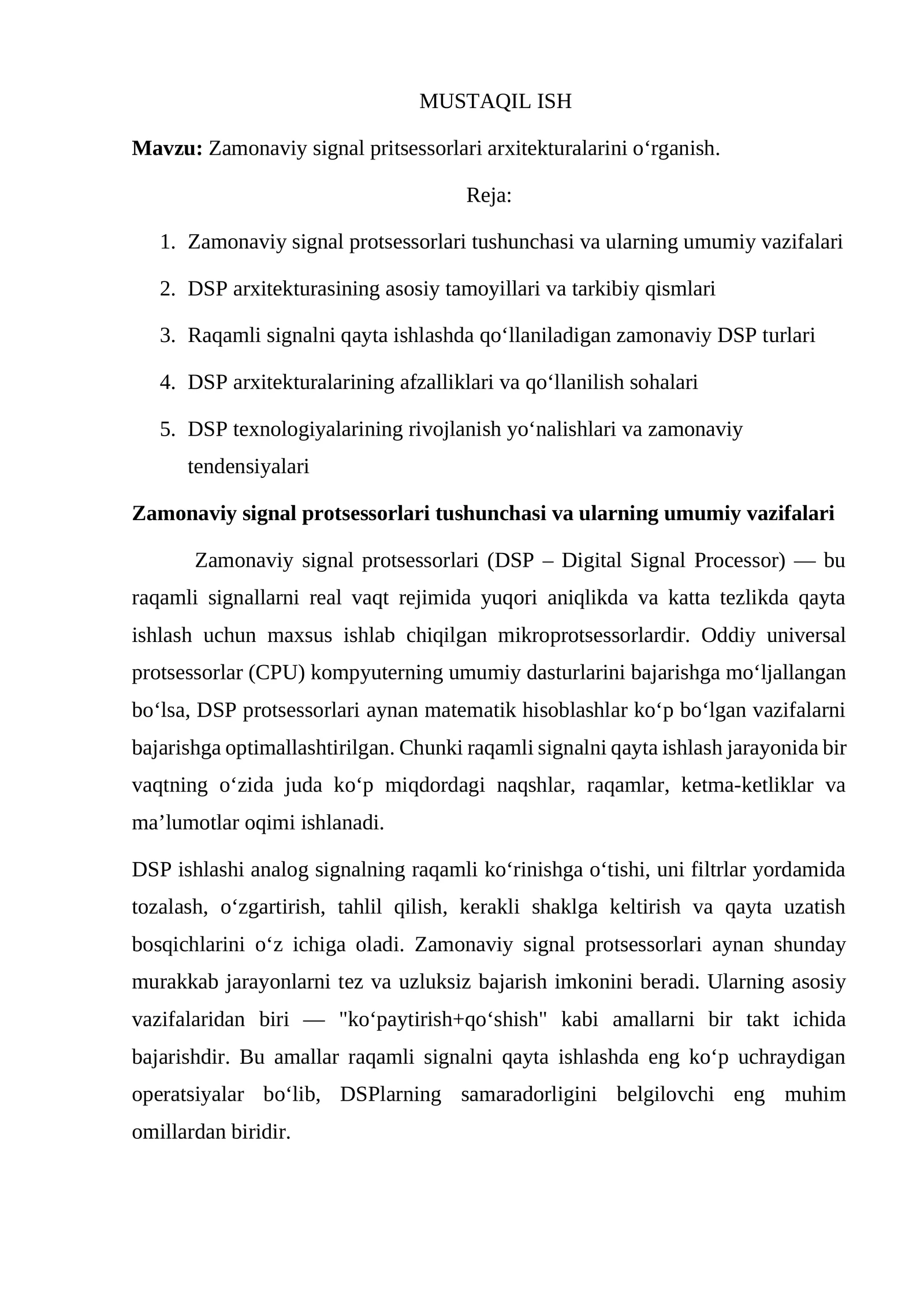 Zamonaviy signal pritsessorlari arxitekturalarini o‘rganish.