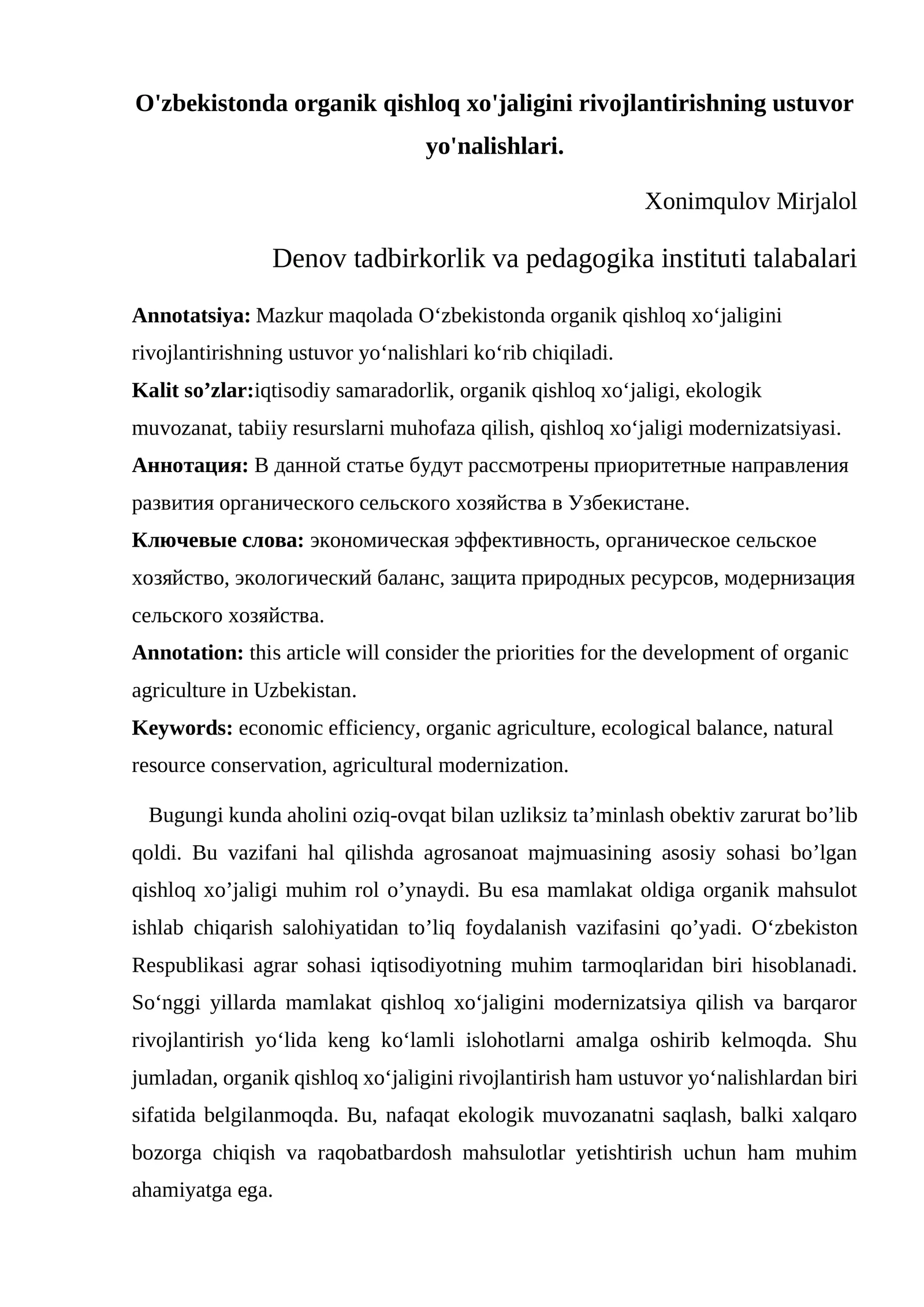 MAQOLA O'zbekistonda organik qishloq xo'jaligini rivojlantirishning ustuvor yo'nalishlari