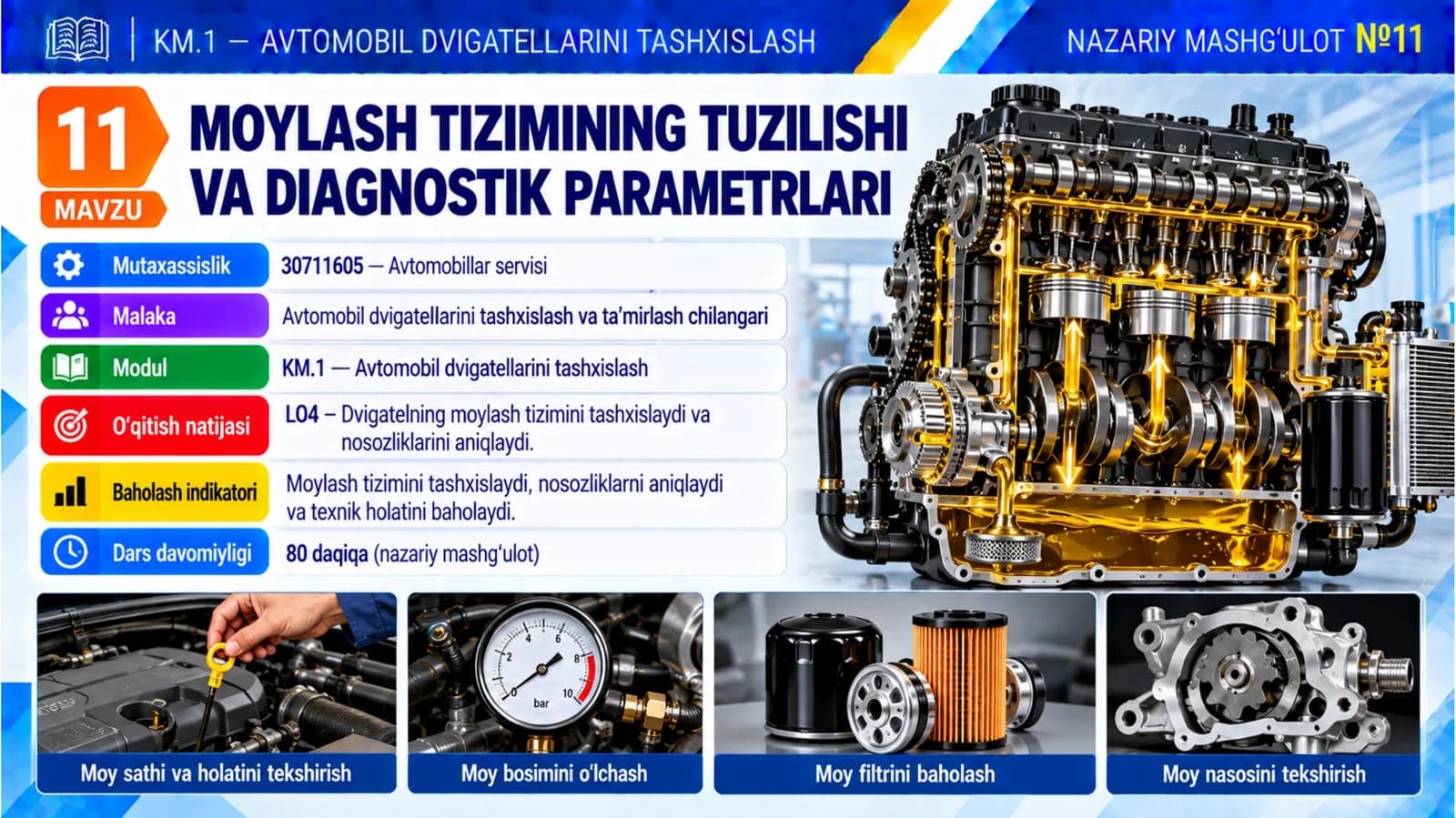 KM1_11-mavzu. Moylash tizimining tuzilishi va diagnostik parametrlari