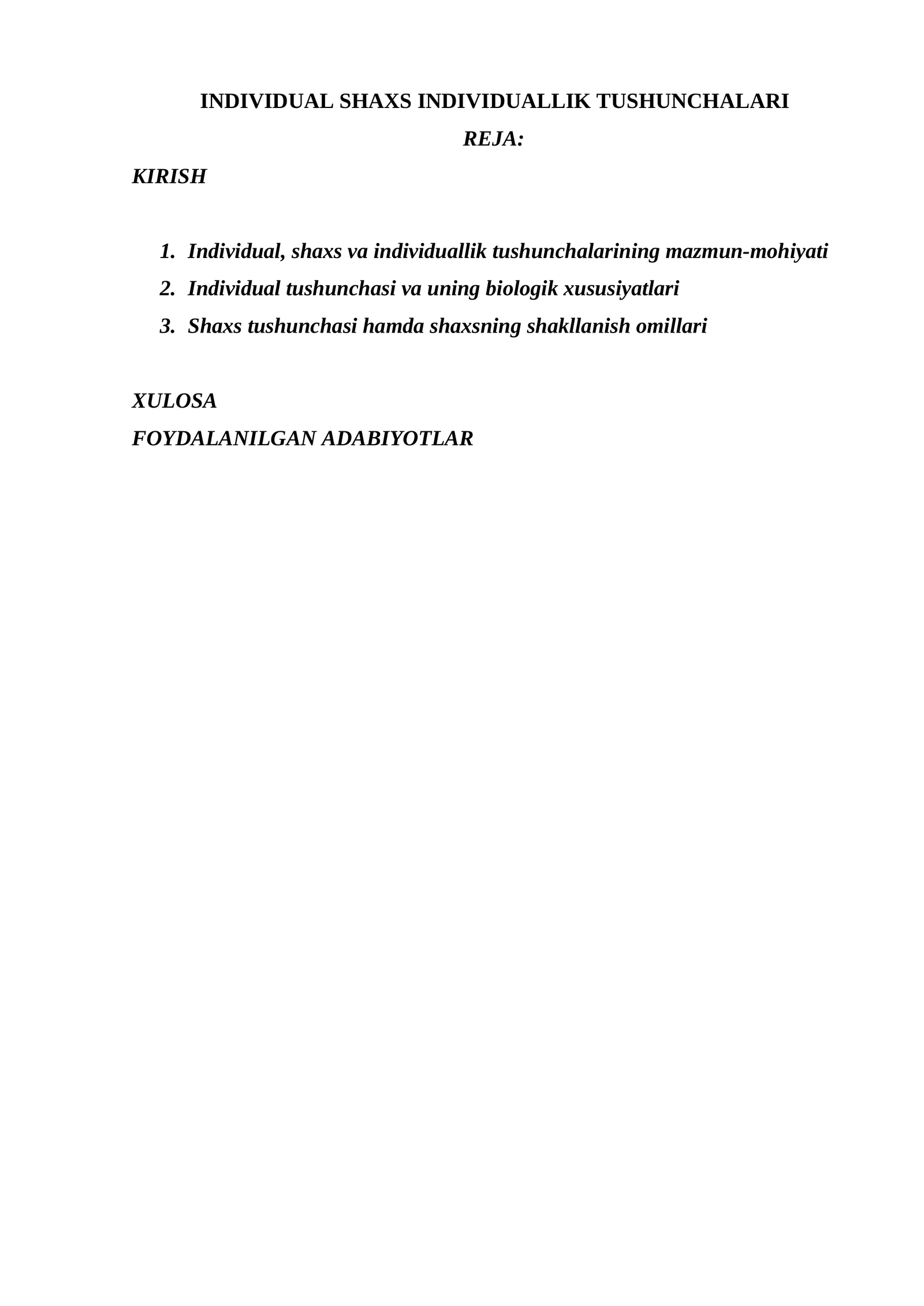 INDIVIDUAL SHAXS INDIVIDUALLIK TUSHUNCHALARI